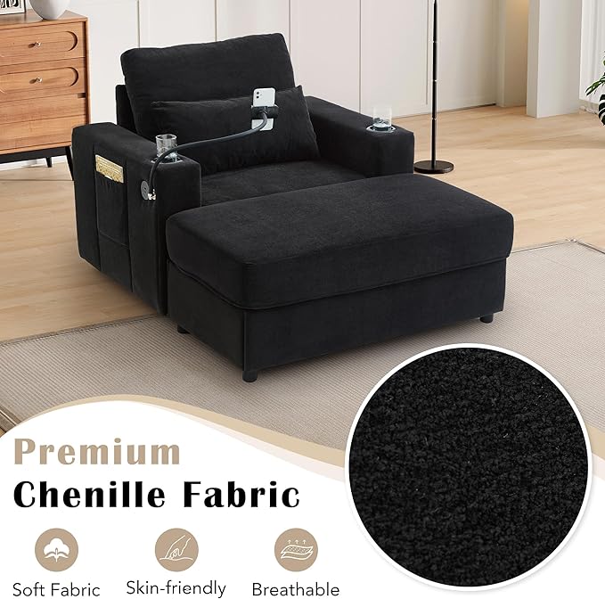42.5 Oversized Armchair with Ottoman Storage Overstuffed Chair and a Half with Cup Holders &amp USB Port Chenille Accent Chairs for Bedroom Living Room Reading Phone Holder Side Pocket (Black)