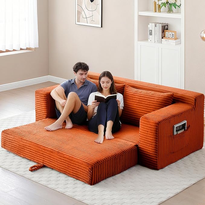 73 Convertible Sofa Bed Pull Out Boneless Loveseat Sleeper Sofa Corduroy Foldable Couch Bed with Storage Bag No Assembly Couch in a Box for Living Room Apartment (Orange)