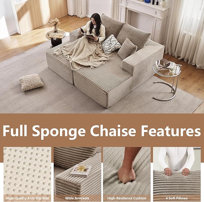 75” Oversized Sectional Double Lounge Chaise Fluffy Modern Sleeper Loveseat Sofa Chair Modern Corduroy Sleeper Loveseat Chair for Living Room Bedroom Reading No Assembly Camel