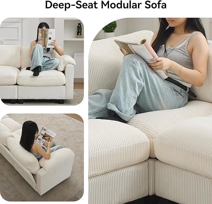 67'' Modular Loveseat Sofa Extra Deep Seat Cloud Couch for Living Room Corduroy Deep Seat Sofa with Armrest Pillows Center Stitched Beige