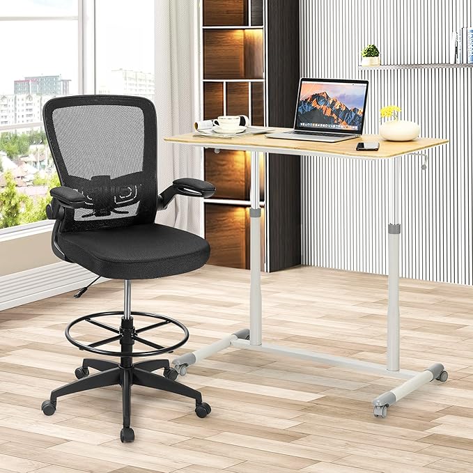 Tangkula Mobile Standing Desk Computer Desk Height Adjustable Stand Up Table with 4 Wheels Rolling Compact Standing Desk with Steel Frame MDF PVC Tabletop Ideal for Home Office (Natural)