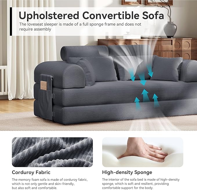 2026 Upgrade Convertible Sofa Bed 79 Inch Boneless Couch with Fixed-Shape Frame Corduroy Fabric with High Backrest Floor Sofa Modular Futon Couch for Living Room Bedroom Lounge (Dark Grey) | High B