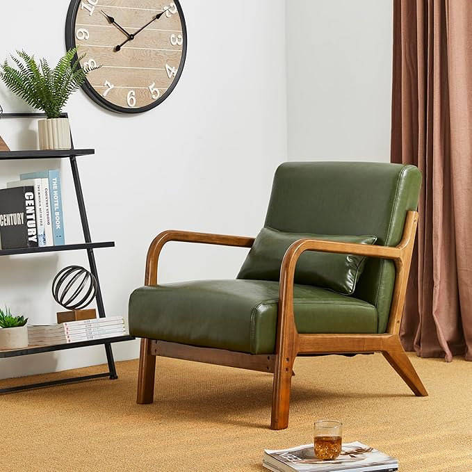 Glitzhome Mid Century Hunter Green Accent Armchair Single Reading Armchair PU Leather Lounge Chair with Walnut Ruberwood Frame