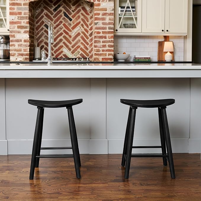 Maven Lane Luna Counter Stool Set of 4 – 26 Inch Round Stools with Footrest – Black Solid Wood – Space-Saving Design for Kitchen Counters &amp Islands Ideal for Apartments Dorms &amp Compact Livin