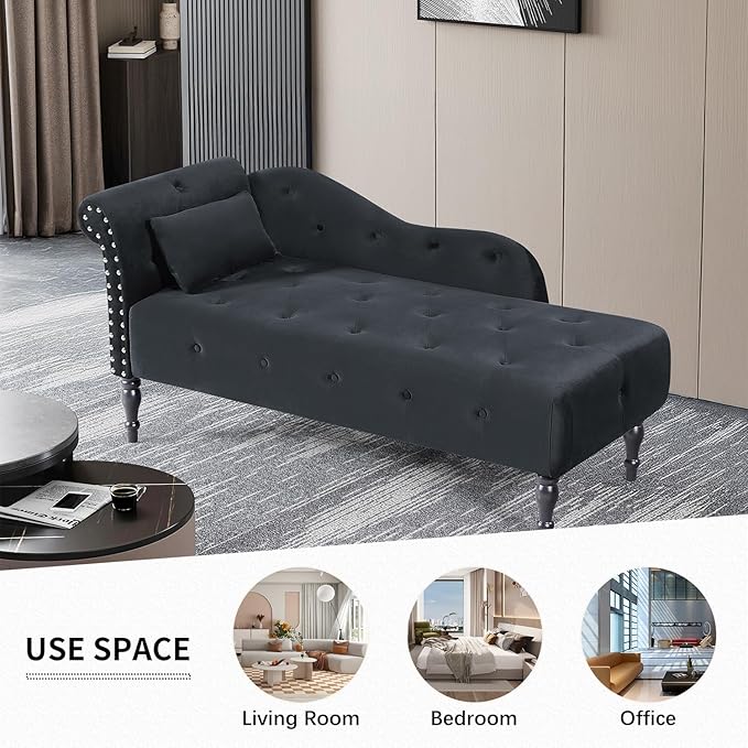 60 Modern Velvet Chaise Lounge Indoor Upholstered Chair with Left Armrest and Lumbar Pillow Button Tufted Lounge Sofa for Living Room Bedroom Office Mini Chaise Longue Sofa (Black)