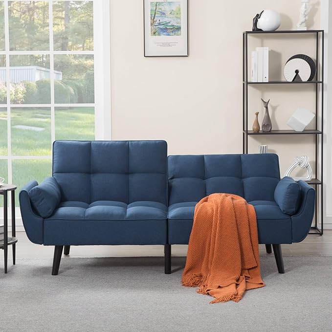 Convertible Futon Sofa Bed Modern Futon Couch with 2 Pillows Small Futons Couch with Adjustable Armrest &amp Backrest Loveseat Sofa Bed for Living Room Bedroom Blue