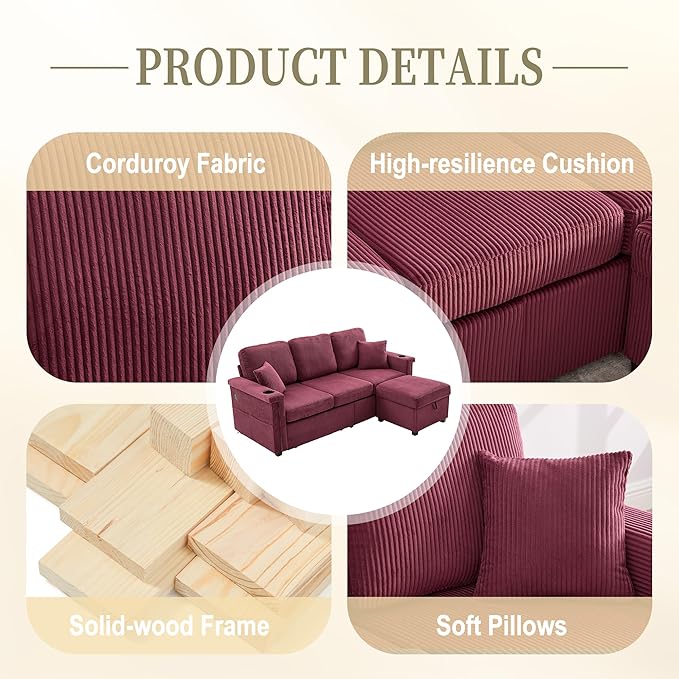 L-Shaped Sectional Sofa with Storage &amp Movable Ottoman Corduroy 3 Seater Sectional Couch with USB Charging Cup Holder &amp LED Light Couches for Living Room (Wine Red 76.38)