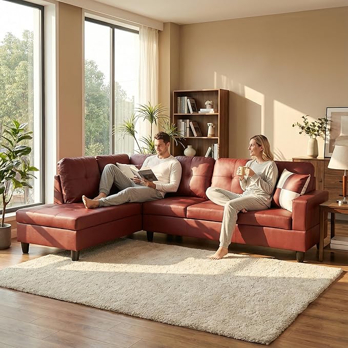 103.5 Inch Modern L-Shaped Couch Faux Leather Sectional Sofa with Chaise Lounge 4-Seater Couch with Accent Pillows for Living Room Apartment Dark Red