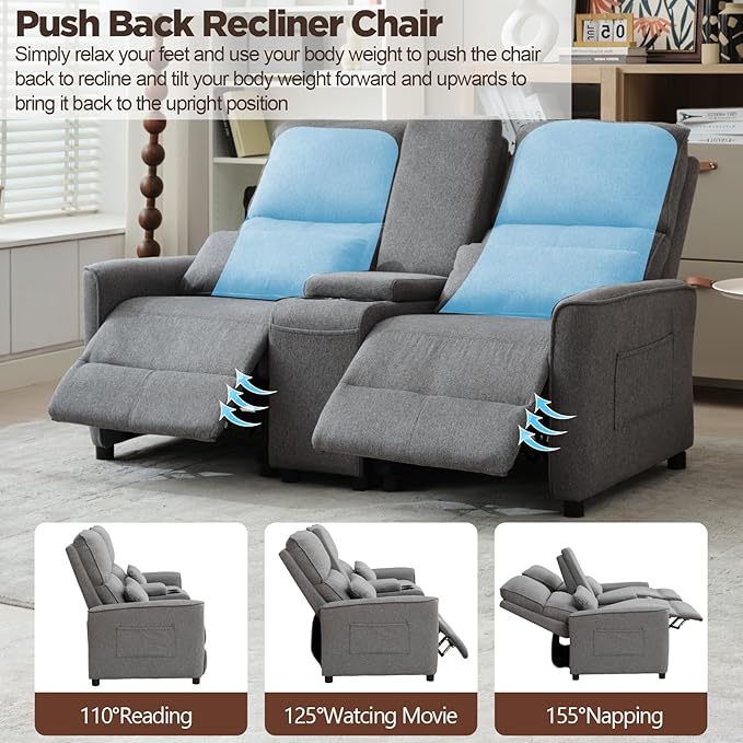 MANBUR Push-Back Reclining Loveseat with Console Loveseat Reclining Sofa Home Theater Seating RV Recliner Sofa Recliners Double Recliner Couch with Storage Pockets &amp Cup Holders Gray