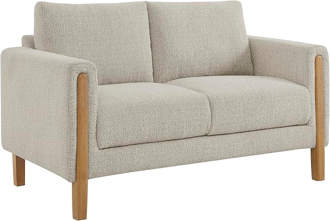 Modway Hawken 54 Inch Boucle Loveseat in Parchment Beech with Wood Legs – Mid-Century Modern Small Space 2-Seater Sofa for Living Room Bedroom or Office Lounge