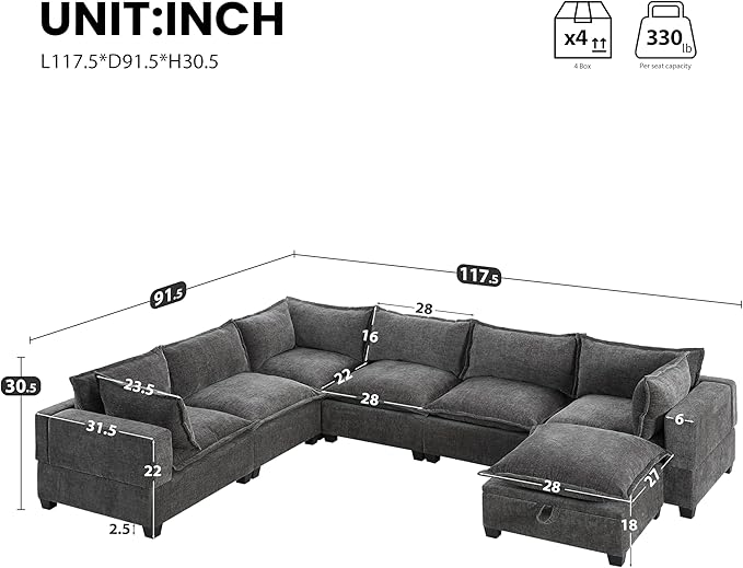 Merax Modern Oversized U-Shaped Sectional Sofa with Piollows &amp Chaise Lounge Chenille 7-Seat Couch Set Sleeper Bed with Storage Ottoman for Living Room Gray