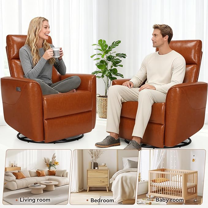 Himimi Power Recliner Chair Swivel Recliner Chair for Adults Faux Leather Single Sofa with Massage and Heat Small Space Side Pocket USB Charging Living Room Orange-Brown