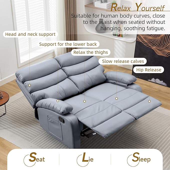 Loveseat Recliner Chair Leather Double Reclining Chairs for Adults Wall Hugger Recliners for Small Spaces Love Seat Couches Sofa Reclinable for Living Room RV Home Theater Seating Grey