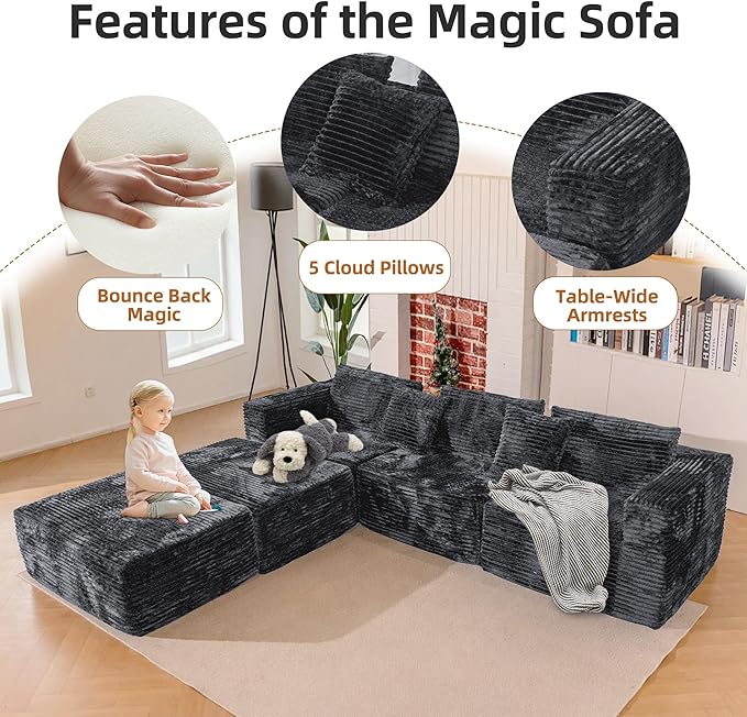 110 Modular Sectional Boneless Sofa with 2 Ottomans Corduroy U-Shaped Modular Sectional Sofa Convertible Cloud Couch with Deep Seats No Assembly Required (Grey 110 3Seat+2 0ttoman)