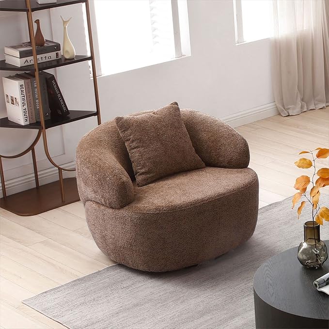 KEVINSPACE Swivel Accent Chair SwivelChairs for Living Room SwivelBarrelChair Round SwivelChair CornerChair Small Modern AccentChair Boucle 360°SwivelChair with PillowChair 35 W Brown