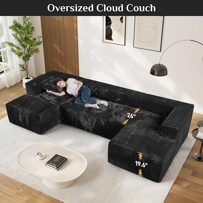 Modular Sectional Sofa 130 U Shaped Cloud Couch Plush Corduroy Comfy Deep Seat Boneless Sofas with 8 Pillows Double Chaise Lounge Sectional Couches with Memory Foam for Living Room - Black