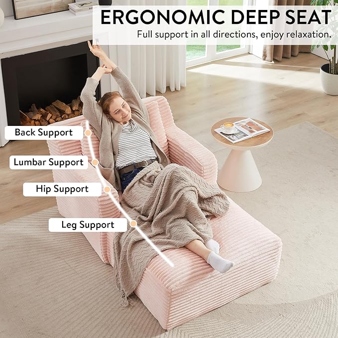 Chaise Lounge Chair Indoor Upholstered Corduroy Single Lounge Sofa Couch Comfy Reading Recliner Sleeper Sofa Chair Bed with Armrests and Pillows for Bedroom Living Room (Pink)