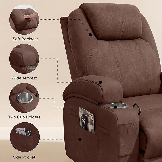 Flamaker Swivel Rocker Recliner for Adults 360 Glider Rocking Chair with Vibration Massage Upholstered Recliner Chair with 2 Cup Holders &amp Side Pockets for Living Room Nursery (Leathaire Brown