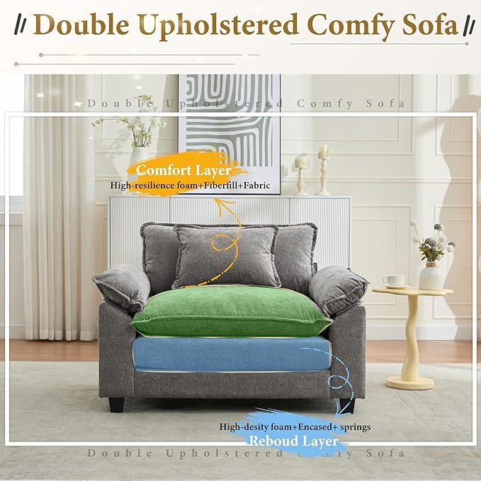 URRED Cloud Couch Accent Chair Oversized Chenille Armchair with Deep Wide Seat and Upholstered Armrests Grey – Modern Lounge Chair for Bedroom or Living Room