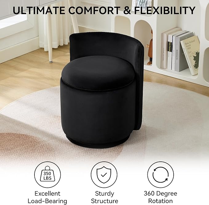 Velvet Vanity Chair with Storage 360° Swivel Makeup Chair with Wave Back No Assembly Small Accent Stool for Bedroom Dressing Living Room Black