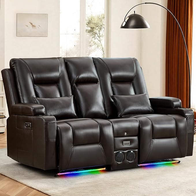 Houjud Power Reclining Loveseat Recliner Sofa with Console Wall-Hugger RV Couch with USB Ports Cup Holders Bluetooth Speakers &amp Ambient Lighting for Home Theater or Camper Faux Leather Dark B
