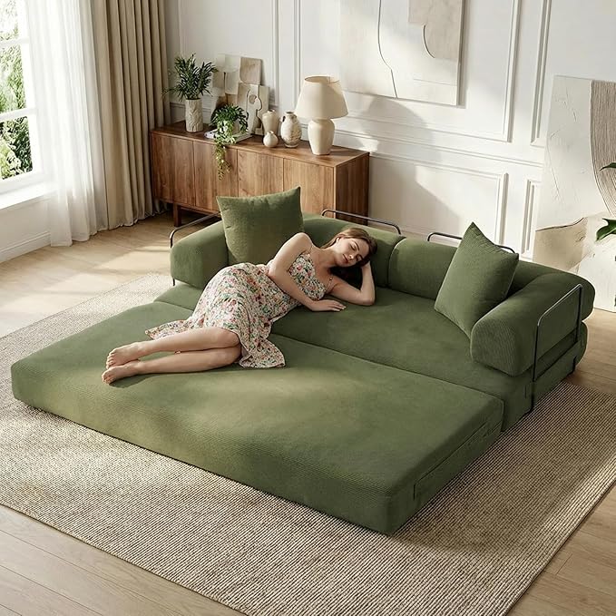 79 Convertible Folding Sofa Bed 4-in-1 DIY Combination Sleeper Sofa Bed Upholstered King Size Sleeper Couch Corduroy Floor SofaBed Boneless Couch for Living Room Bedroom Lounge (Green)
