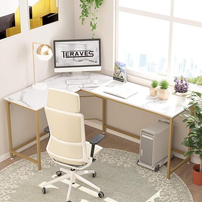 Teraves Reversible L Shaped Desk White - 66.1 Corner Gaming Computer Desk Office Workstation Modern Home Study Writing Table Marble Gold
