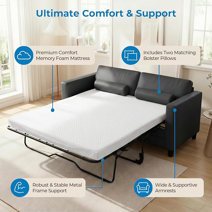 Mjkone 79 W Queen Size Faux Leather Pull Out Sofa Bed Queen 2-in-1 Sleeper Sofa with Memory Form Mattress Modern Loveseat Couch Beds Pullout Couch Bed for Living Room Apartment Studio Grey