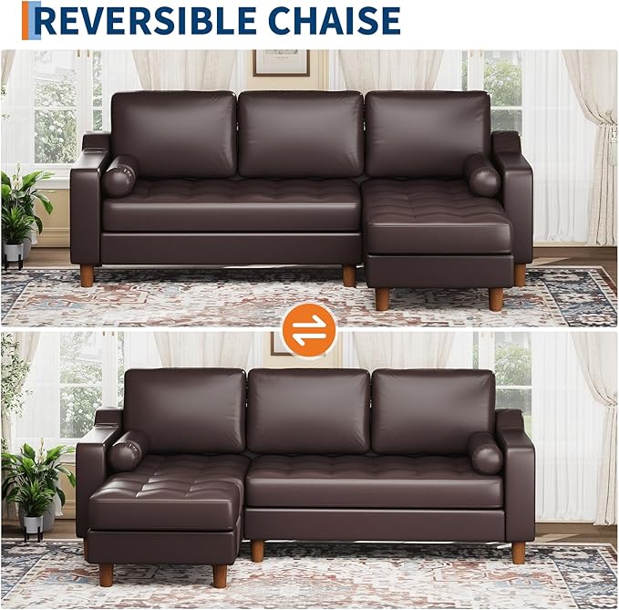 GarveeHome 88.9 L-Shape Sofa with Convertible Chaise Sectional Leather Sofa with Deep Seat Modern Mid-Century Sofa for Living Room Comfy Leather Couch Brown
