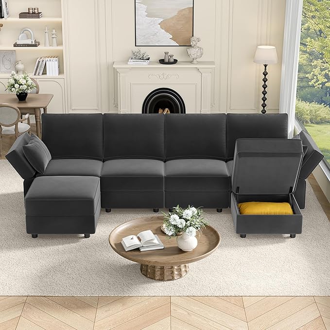 Vesgantti Sectional Couches with Storage Seats 118 L Shaped Convertible Modular Sectional Sofa 4 Seat &amp 2 Ottomans Velvet Storage Chaises Deep Seat Couch for Living Room Bedroom Apartment Gr