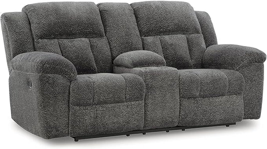 Signature Design by Ashley Frohn Contemporary Manual Reclining Loveseat with Console with Console Storage and Cup Holders Gray