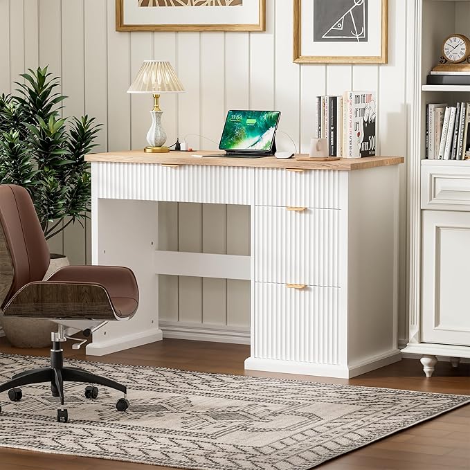 47 Farmhouse Executive Desk Home Office Desk with Drawers and Charging Station Wood Home Office Desk Fluted Computer Writing Desk for Study Living Room Bedroom