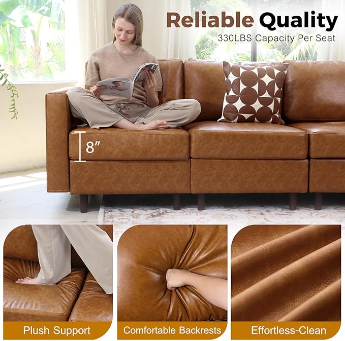 ABCASA 91.5 Faux Leather U Shaped Modular Sectional Sofa 5 Seater Couch with Movable Ottoman Deep Seat and Storage Seat with Removable Cover for Living Room Apartment - Brown