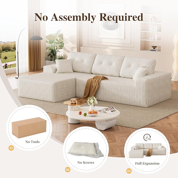 Ball &amp Cast 106 Boneless Sectional Sofa Corduroy Modular L Shaped Couch with Deep Seat Chaise Cloud Style Oversized Sectional Couch for Living Room No Assembly Left Facing Beige