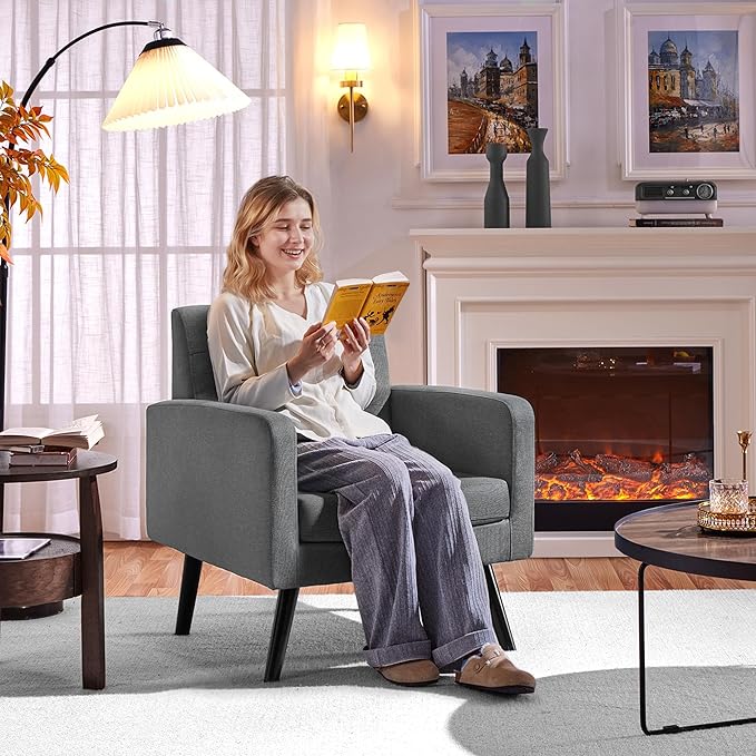 Yaheetech Mid-Century Accent Chairs Modern Upholstered Living Room Chair Cozy Armchair Button Tufted Back and Wood Legs for Bedroom/Office/Cafe Set of 2 Gray