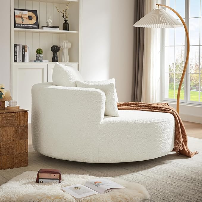 360° Swivel Barrel Chair Oversized Upholstered Swivel Chairs for Living RoomModern Chenille Fabric Club Chair55 Large Round Accent Chair with 3 Pillows for BedroomOffice (Beige 55-Inch)