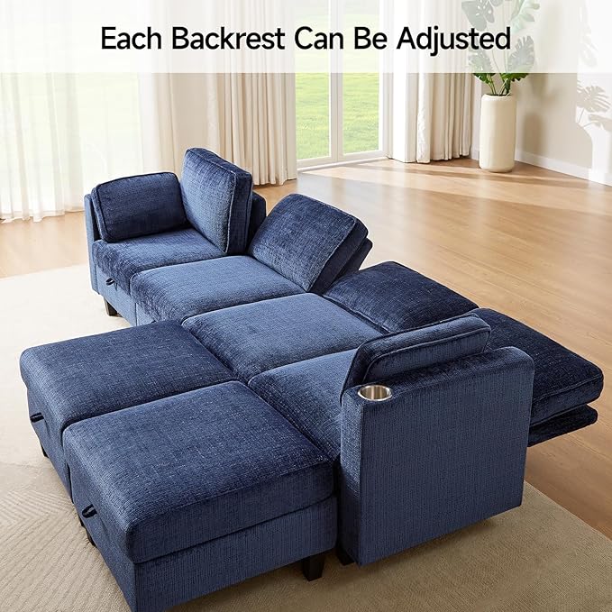 ONBRILL 110 U-Shaped Modular Sectional Sofa Convertible Sleeper Sofa Couch Bed with Adjustable Backrest Chenille Couch with Movable Ottoman Couches for Living RoomBedroom and ApartmentBlue