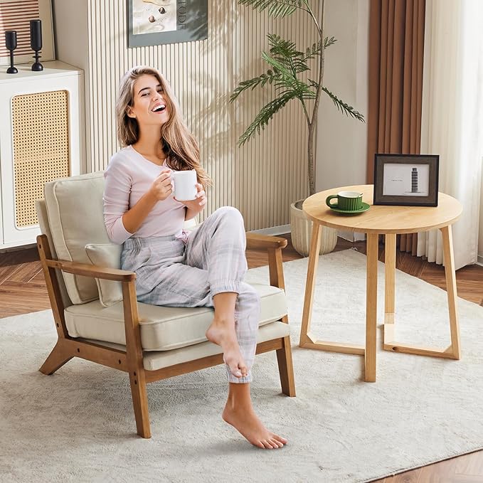 Karl home Accent Chair Wide Armrest Mid-Century Lounge Chair Linen Fabric Armchair with Lumbar Pillow &amp Solid Wood Frame for Living Room Bedroom Balcony Beige