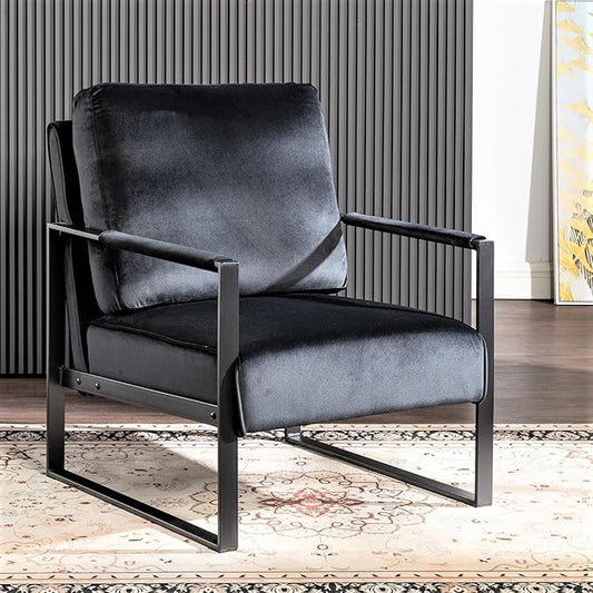 Classic Mid Century Modern Accent Chair with Square Metal Frame for Living Room Bedroom Office Black Velvet