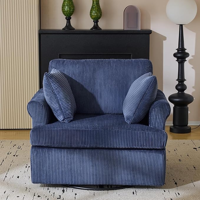 Karl home Swivel Accent Chair Set of 2 39 Oversized Armchair W/2 Pillows and 4 PocketsModern Corduroy Barrel ChairsComfy Single Sofa for Living RoomReadingBedroom and Office-Dark Blue