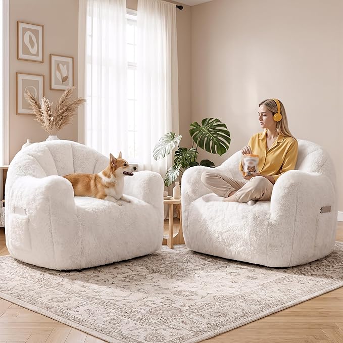 Giant Bean Bag Chair for Adults Shell-Shaped Oversized Bean Bag Couch with Armrests &amp Side Pockets Stuffed Floor Sofa for Reading Playing &amp Relaxing Beige