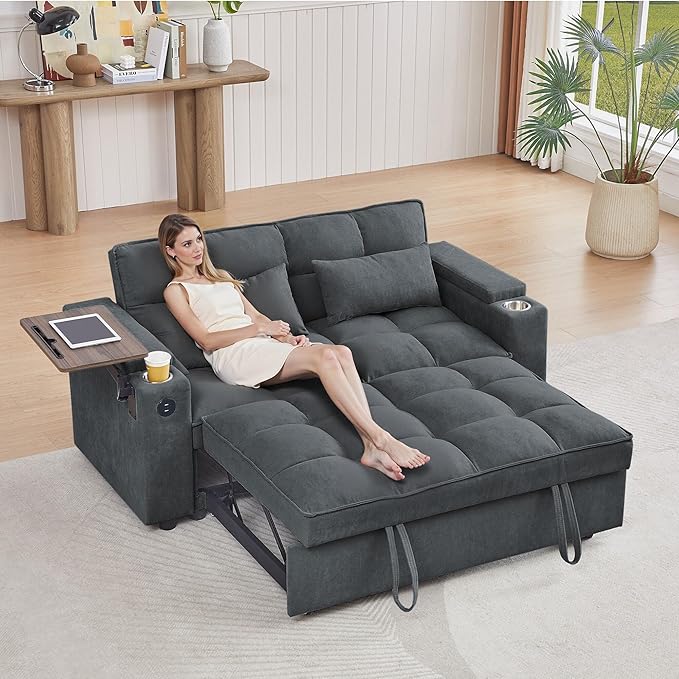 65'' Convertible Sleeper Sofa Bed with Adjustable Backrest Chaise Lounge Side Table &amp USB/Type-C Ports – Stylish &amp Functional Addition to Any Living Room (Fashion Pink)