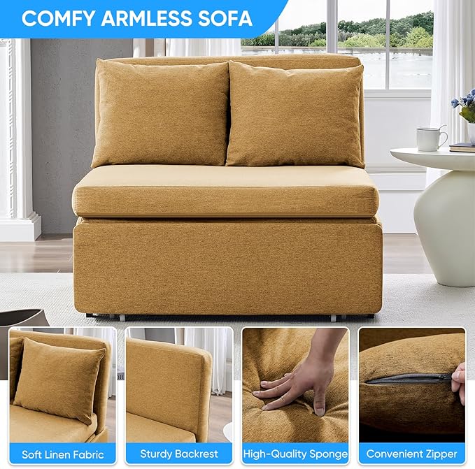 Mjkone 43 W Twin Size Pull Out Sleeper Sofa Bed Chair with Pullout Couch Beds 2 in 1 Convertible Single Sofas Sleeper Chair with Pillows for Living Room Small Place Apartment Office Yellow