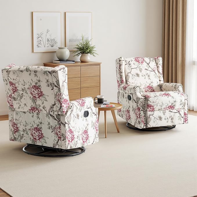 Swivel Rocker Recliner Chair Manual Nursery Glider Recliner Floral Fabric Wingback Accent Chair with Adjustable Backrest &amp Footrest for Small Spaces Living Room Bedroom (Plants Floral Set of 2)