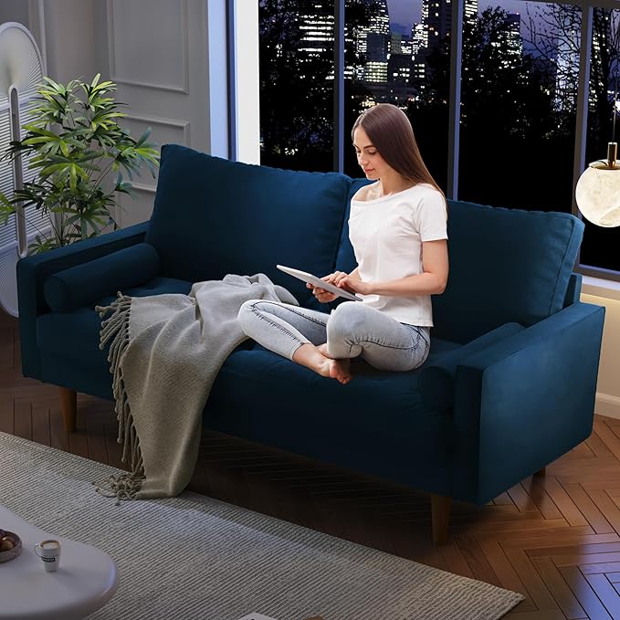 Modern Sofa58 Inch Velvet Couch for Living RoomSpring CushionsEasy Assembly Modern Couches with Throw Pillow for Small Spaces (Space Blue)