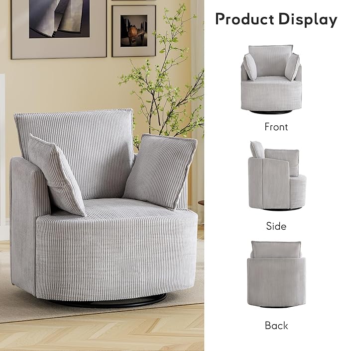 Bonzy Home 360° Swivel Accent Chair Comfy Corduroy Swivel Barrel Chair with 2 Soft Pillows Single Sofa for Living Room Bedroom Light Grey