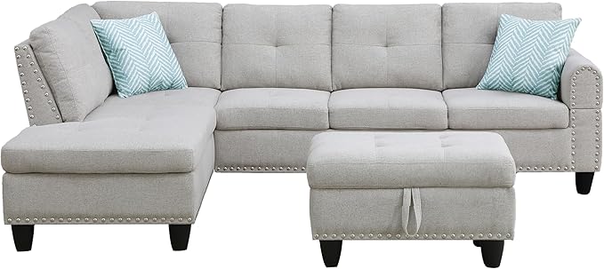 98 L Shaped Sectional Sofa with Left Facing ChaiseLinen Upholstered Corner Couch with Removable Storage Ottoman and Hidden Cup Holders for Living RoomLight Gray