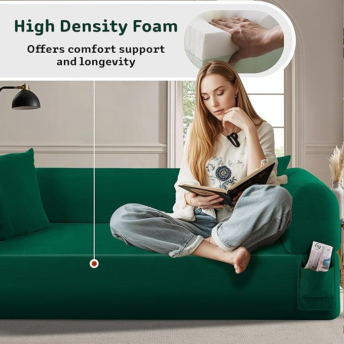 AC Pacific 3-Seater Sofa with Pillows &amp Storage – Low-Profile Hybrid Design Pocketed Springs &amp High-Density Foam Green Fabric Couch for Living Room Apartment Green