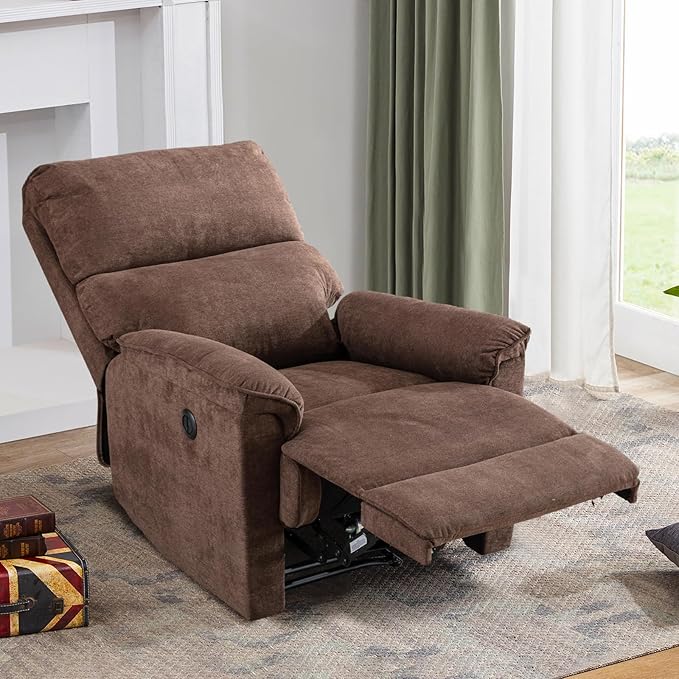 EBELLO Power Recliner Chair Electric Recliner Breathable Fabric Single Overstuffed Recliner Sofa with USB Charge Port for Elderly Living Room Bedroom Brown