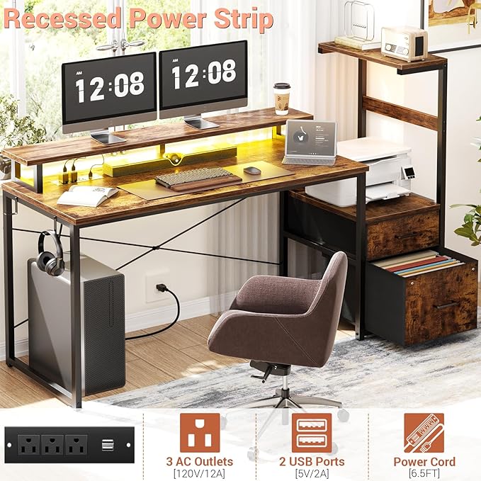 Aheaplus Gaming Desk with LED Strip &amp Power Outlet 59Inch Reversible Computer Desk with Monitor Stand &amp Storage Shelves Home Office Desks with Fabric File Drawer Gamer Table PC Desk Rustic